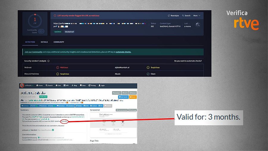 Análisis de URL con puntuaciones de seguridad, resumen del sitio web y datos en vivo.  Válido por 3 meses.  Se muestra información de proveedores como Webroot y Blue AI PreCrime.