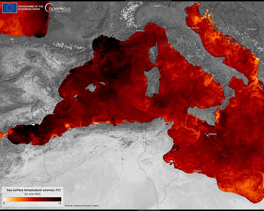 Anomalía de la temperatura del mar el 22 de junio de 2025