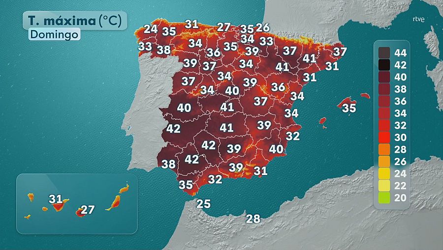 Mapa con al previsión de las máximas en la Península e islas el 29 de junio
