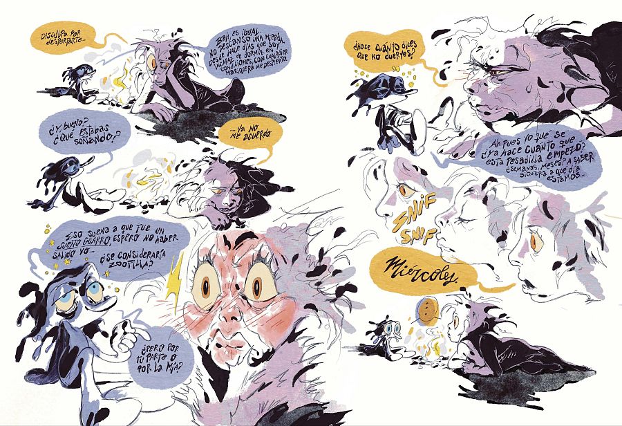 Página de cómic con seis viñetas mostrando una conversación entre dos personajes; uno con insomnio y pesadillas, y otro, una criatura oscura que intenta averiguar la duración de sus problemas de sueño.