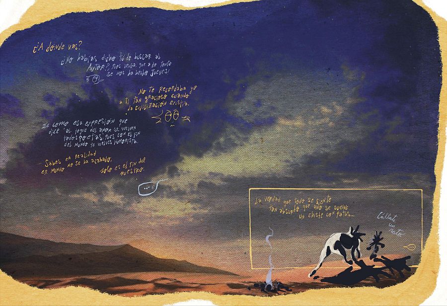 Desierto al atardecer, diálogos manuscritos sobre el fin del mundo y el absurdo, fogata, silueta de cabra corriendo y figura humana.