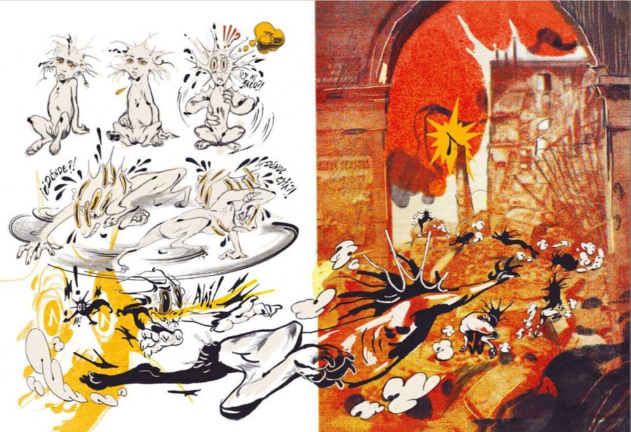 Bocetos y escena coloreada de un cómic: personaje delgado, piel clara, pelo erizado en poses dinámicas; explosión con tonos rojizos y anaranjados; otros personajes pequeños huyendo.