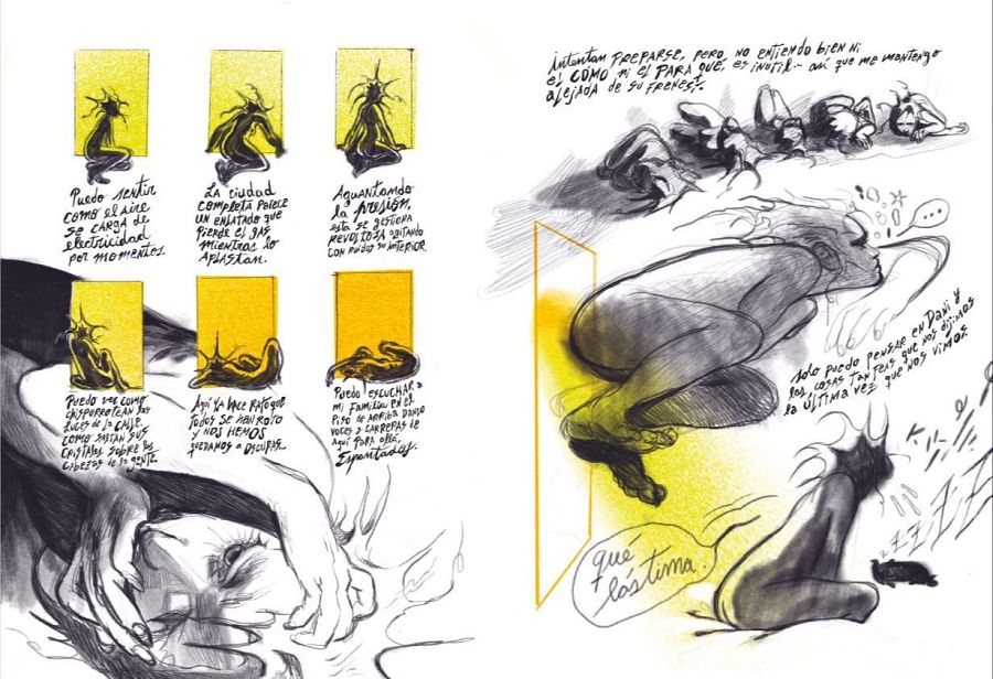 Cómic en blanco y negro con toques amarillos, mostrando escenas de angustia y transformación.  Viñetas con textos descriptivos de sensaciones y una figura con aura.  Personaje felino lamenta una conversación pasada.