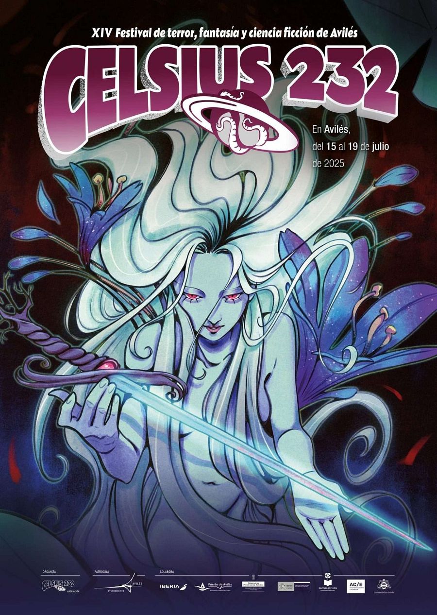 Ilustración de una figura femenina con espada, anunciando el festival Celsius 232 en Avilés del 15 al 19 de julio de 2025.