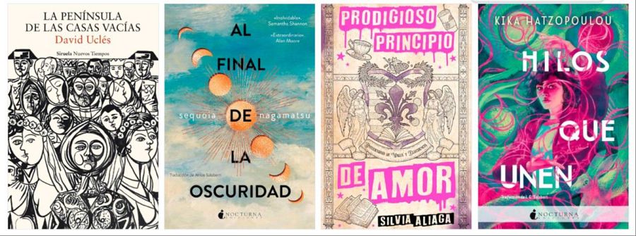 Cuatro portadas de libros premiados, con ilustraciones en estilos blanco y negro, celestial, vintage y psicodélico.