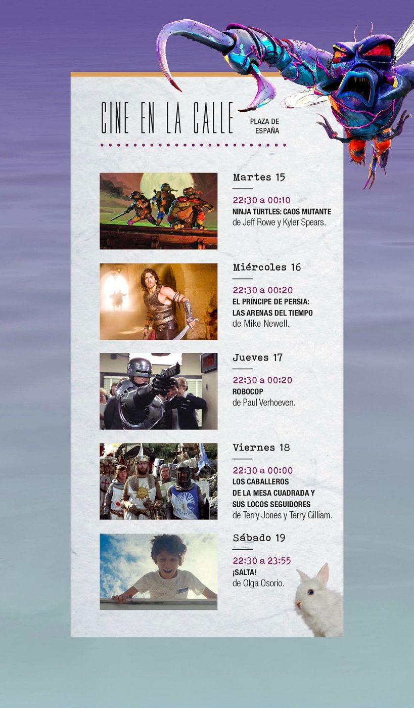 Cartel de cine al aire libre en Plaza de España. Programación semanal con horarios y títulos de películas, incluyendo imágenes representativas de cada una.