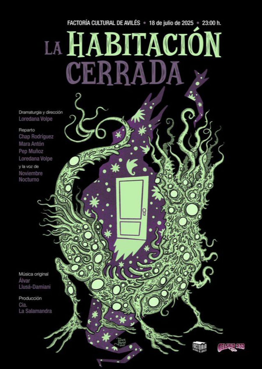 Cartel de teatro: criatura fantástica verde sobre fondo morado oscuro con estrellas.  Función el 18 de julio de 2025 a las 23:00 h.