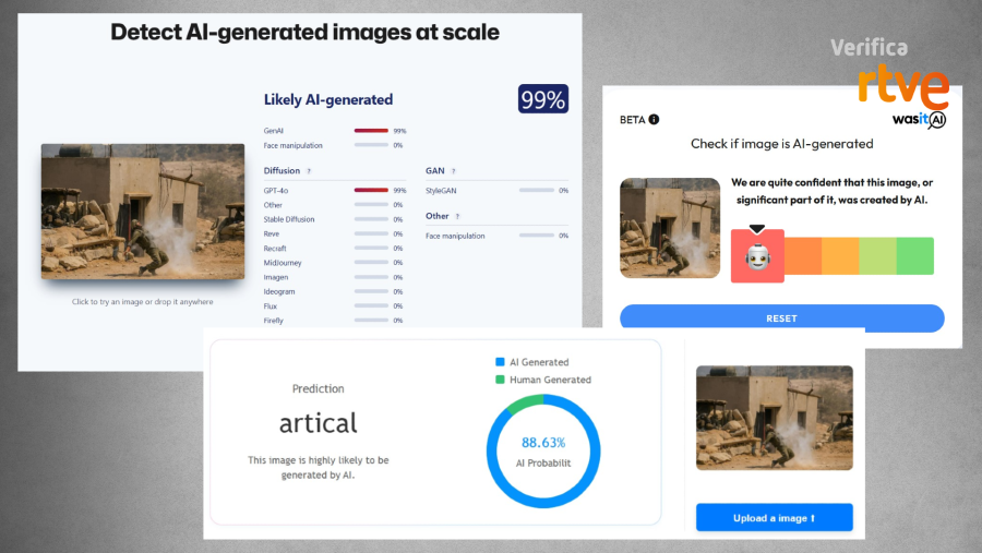 Resultados que ofrecen herramientas de detección de IA sobre la foto del soldado