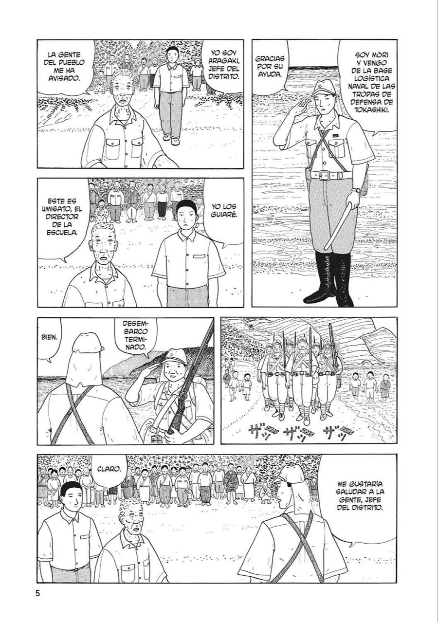 Llegada de Mori a Okinawa; presentación de personajes locales y militares tras un desembarco; Mori expresa su deseo de saludar a la comunidad.