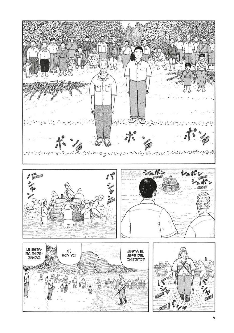 Cuatro viñetas de manga muestran escenas con personas en un entorno acuático, incluyendo personajes en vestimenta tradicional japonesa, un bote, y un militar.  Diálogos presentes.