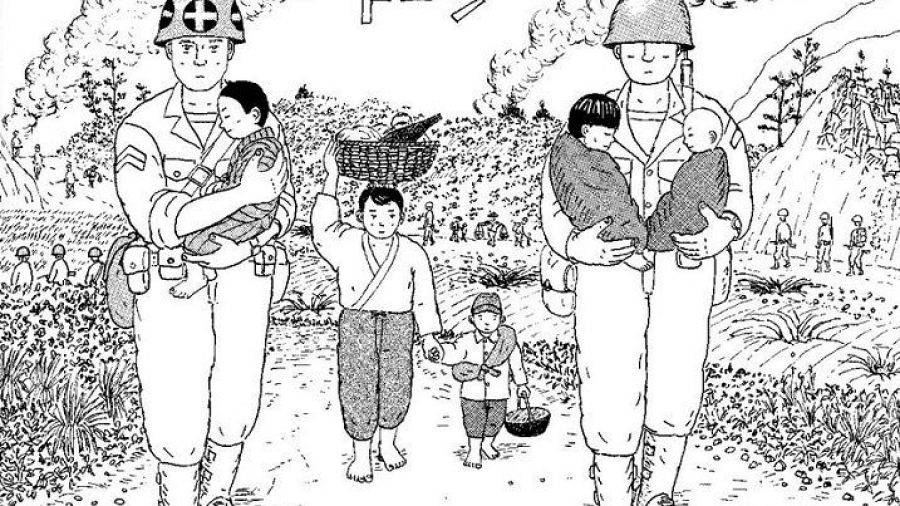 Soldados con bebés, civiles evacuando, humo a lo lejos; viñeta en blanco y negro que representa un escenario de conflicto.