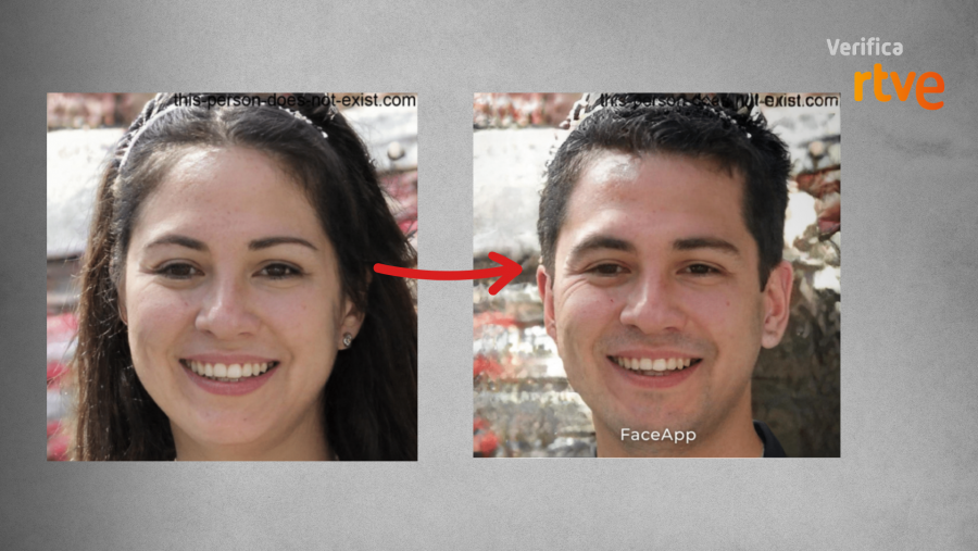 A la izquierda, imagen de base de una mujer y la derecha fotografía editada con FaceApp para cambiarle el género