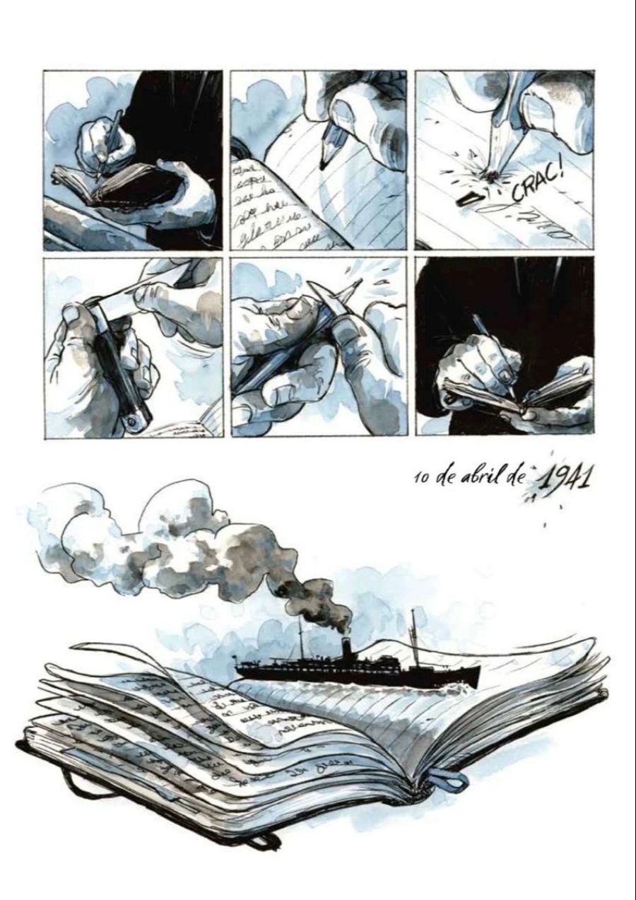 Viñetas mostrando manos escribiendo y afilando un lápiz; fecha '10 de abril de 1941'; imagen principal: cuaderno con dibujo de barco.