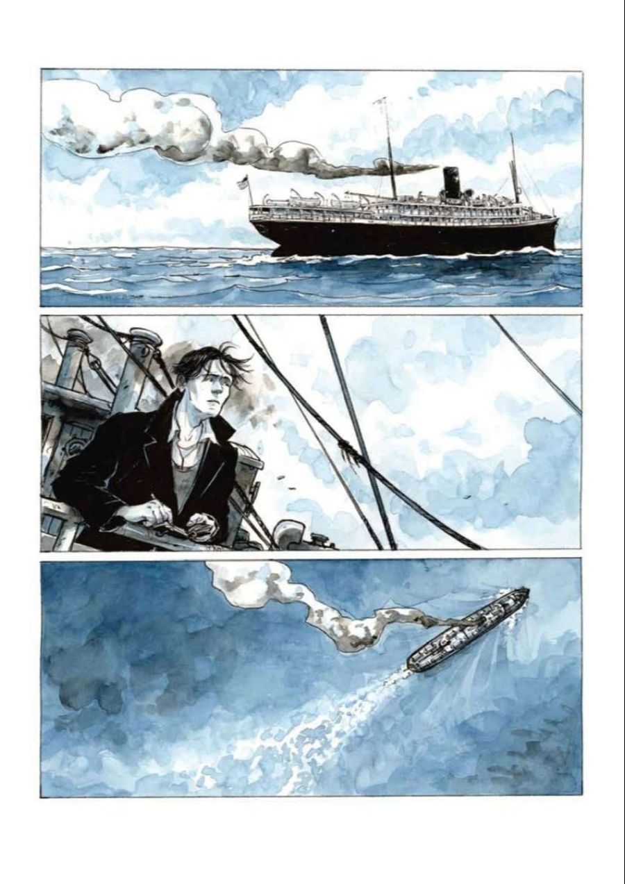 Viñetas de cómic: barco de vapor, hombre observando desde otra embarcación, vista aérea del barco dejando estela en el mar.