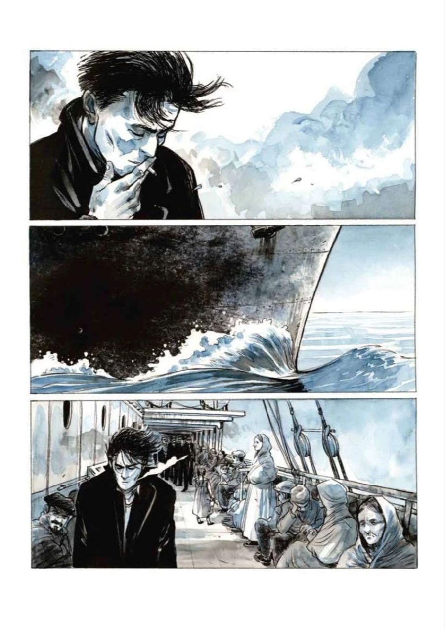 Viñetas de cómic: hombre pensativo fumando, primero solo, luego en un barco en el mar, finalmente en la cubierta con otras personas. Ambientación de época, posible historia bélica.