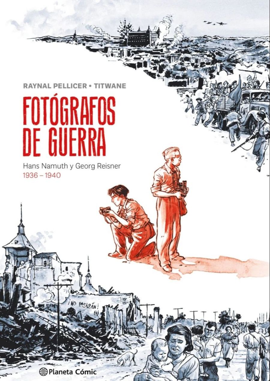Portada de cómic: escenas bélicas, dos fotógrafos, estilo blanco y negro con toques rojos, logo editorial. 1936-1940.