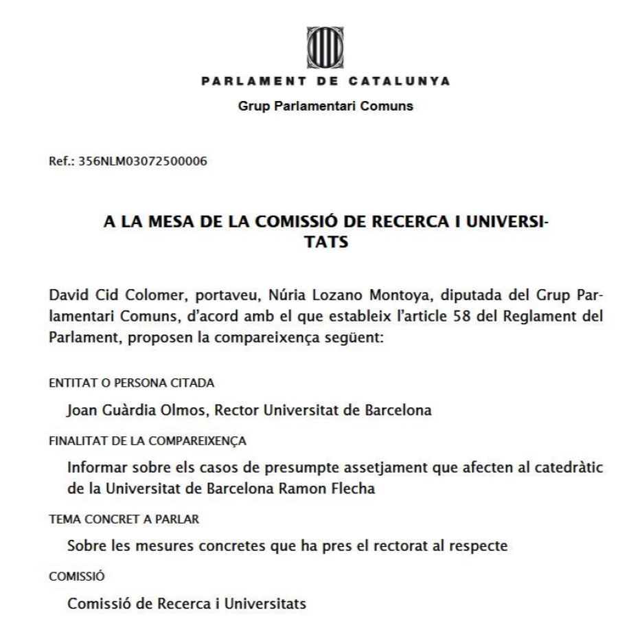 Solicitud registrada por Comuns para que comparezcan el rector de la UB y la consellera de Universidades por el presunto acoso de un catedrático.