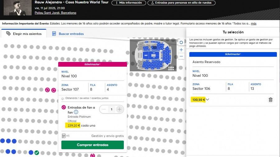 Comparación de una entrada oficial disponible por 130,5 euros frente a otra en la misma fila de reventa por 239,2 euros. 108,7 euros de diferencia.