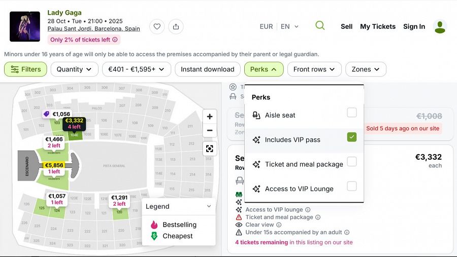 Captura del primer concierto de Lady Gaga en Barcelona. Venta de paquetes premium en grada por más de 3.300 euros, frente a los 460 que costaba la entrada.