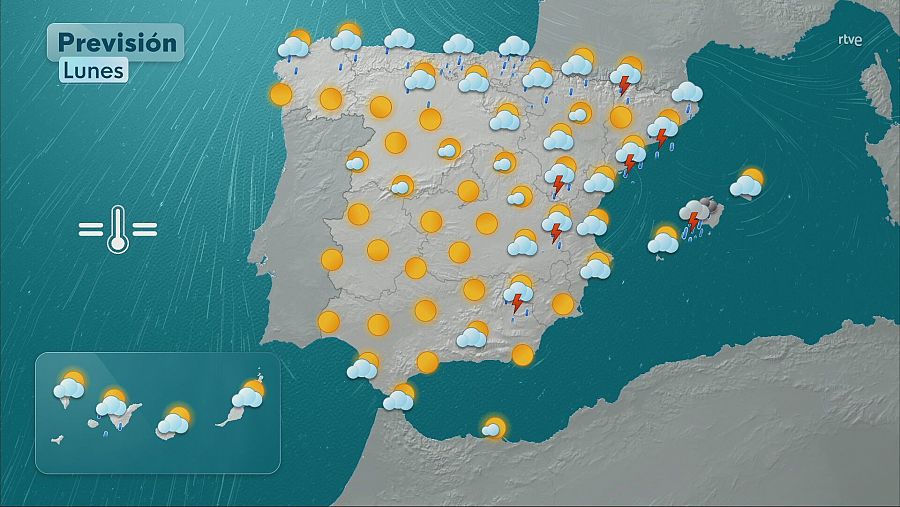 Mapa de la península y las islas con la previsión para el lunes 7 de julio