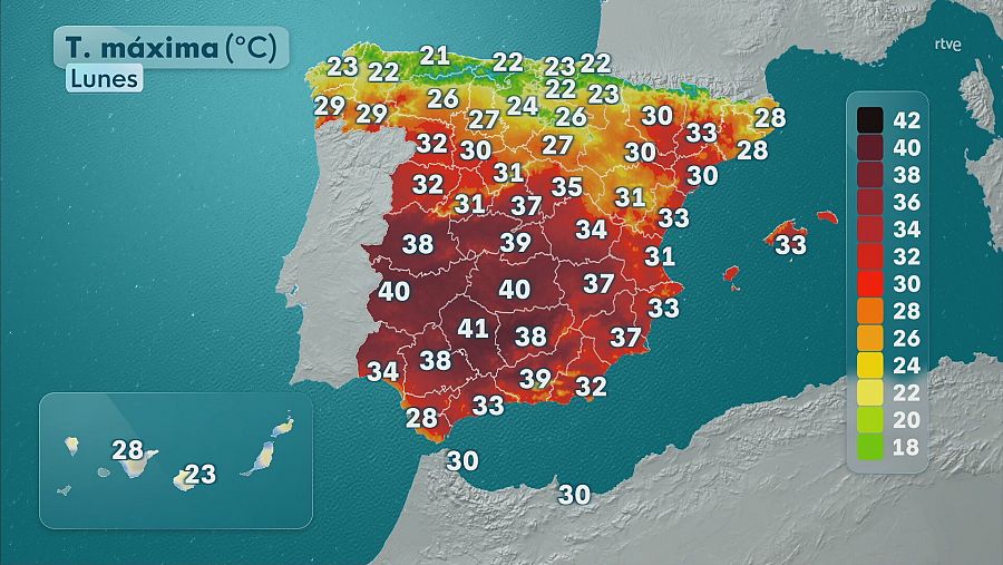 Mapa de la península y las islas con la previsión de las temperaturas máximas para el lunes 7 de julio