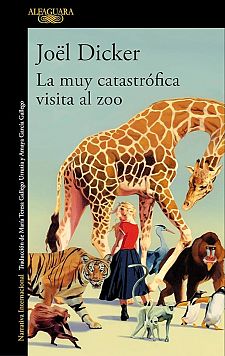Ilustración de la portada de un libro infantil que muestra una niña rodeada de animales de zoológico en una escena divertida y caótica.