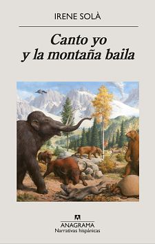 Ilustración prehistórica: mamuts, bisontes, osos cavernarios y otros animales, algunos muertos, sobre un paisaje montañoso nevado. Portada de libro.