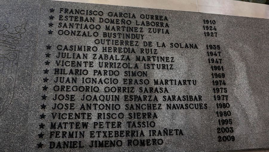 Placa conmemorativa con nombres y años de defunción de víctimas de encierros, desde 1910 a 2009.