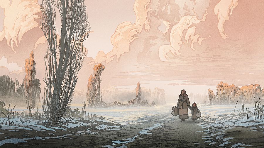 Paisaje invernal al amanecer/atardecer: mujer y niña con ropa de abrigo y bultos caminan por un camino nevado. Atmósfera serena y melancólica.