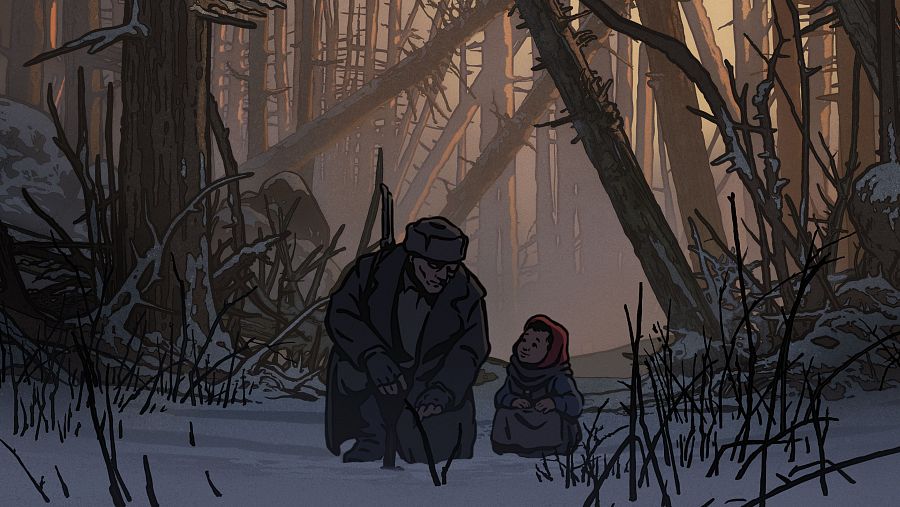 Hombre y niña agachados en bosque nevado; él con rifle, ella lo observa.  Ambiente desolado, sensación de supervivencia.