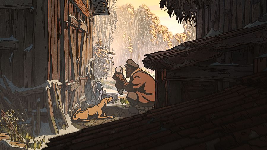 Escena conmovedora: hombre abrigado sostiene a un bebé; perro observa; entorno rural nevado con tonos otoñales.