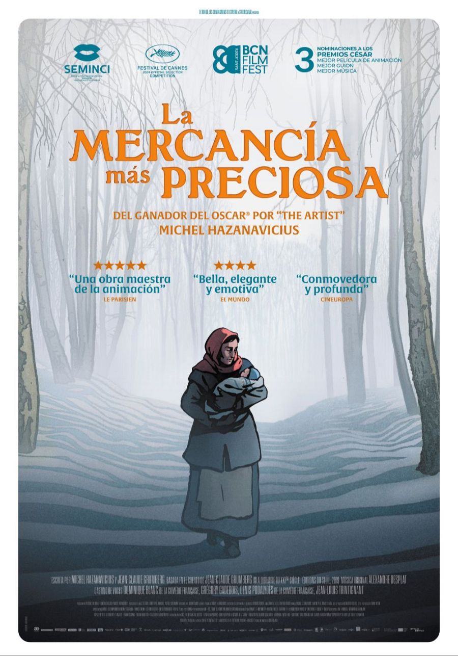 Cartel de animación con una mujer y un bebé en un paisaje nevado.  Incluye críticas positivas y menciones a premios y festivales.