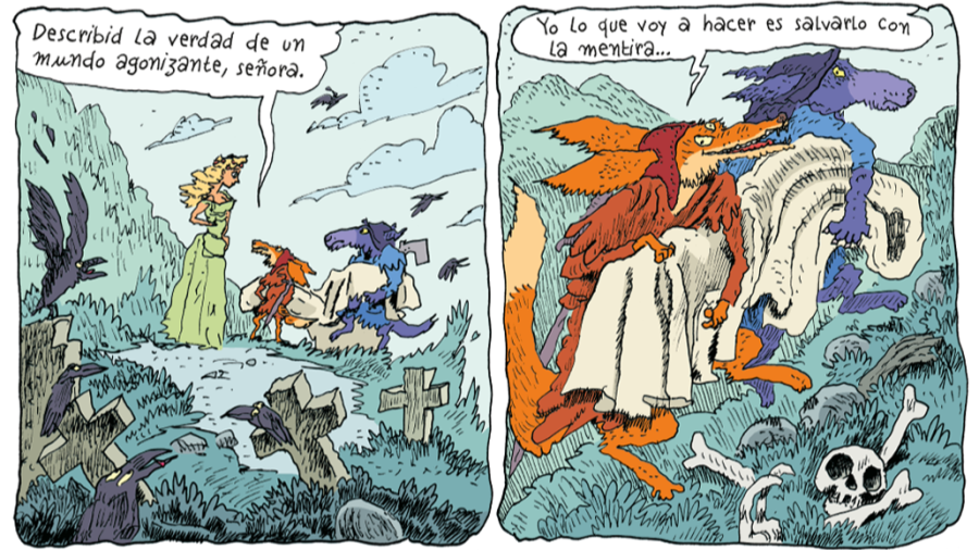 Viñetas de cómic: mujer en cementerio con cuervos, zorro y lobo antropomórficos.  El lobo lleva un saco blanco; se sugiere la mentira como solución a un mundo decadente.