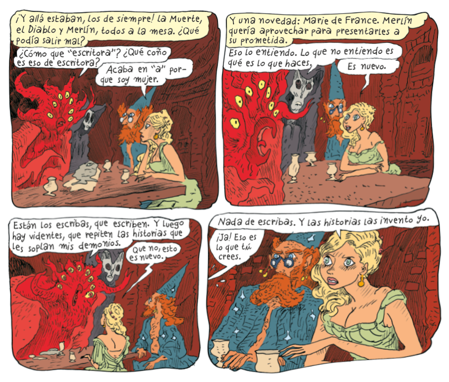 Viñetas del cómic 'El cantar de Renardo' muestran a Marie de France, el Diablo, la Muerte y Merlín debatiendo sobre la escritura femenina, su novedad y la autoría de las historias.
