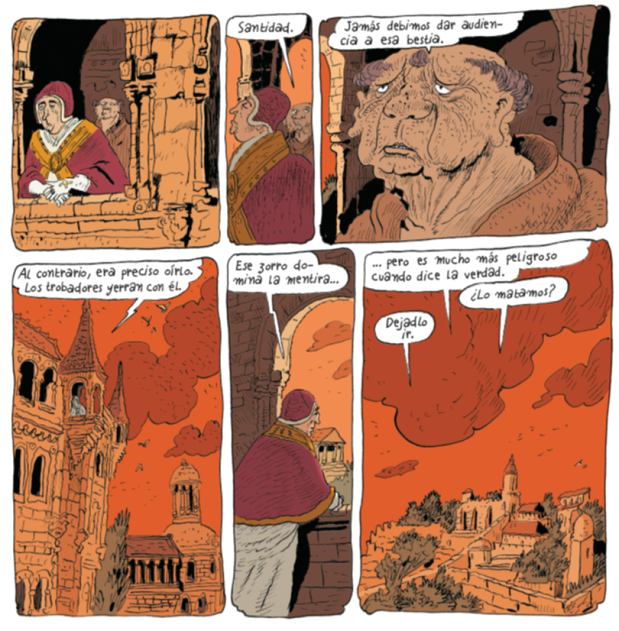 Viñetas de un cómic europeo, 'El cantar de Renardo', muestran un debate entre personajes religiosos sobre un zorro astuto, considerando su peligrosidad al mentir y decir la verdad.  Escenas en un castillo y paisajes al atardecer.