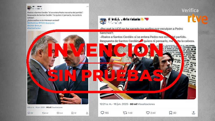 Mensajes de X que atribuyen una conversación entre Ábalos y Cerdán de la que no existen pruebas