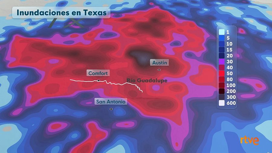 Precipitación acumulada en los últimos tres días. Picos de más de 300 litros por metro cuadrado en las partes más montañosas del Texas Hill Country