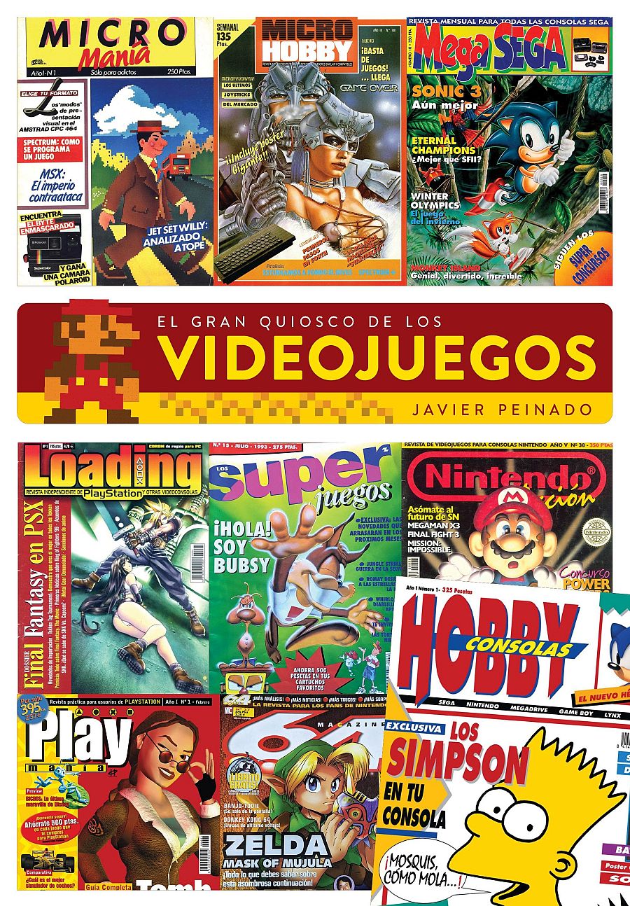 Collage de portadas de revistas españolas de videojuegos clásicas, con imágenes de personajes conocidos y anuncios de juegos populares de la época.