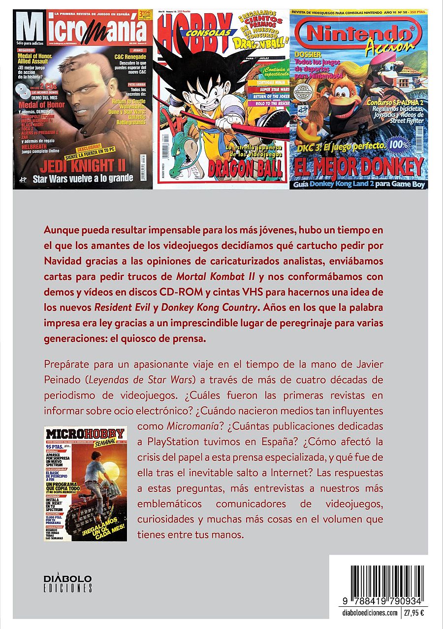 Contraportada de libro sobre la historia de las revistas españolas de videojuegos, con imágenes de portadas de Micromanía, Hobby Consolas y Nintendo Acción.  Precio: 27,95€.