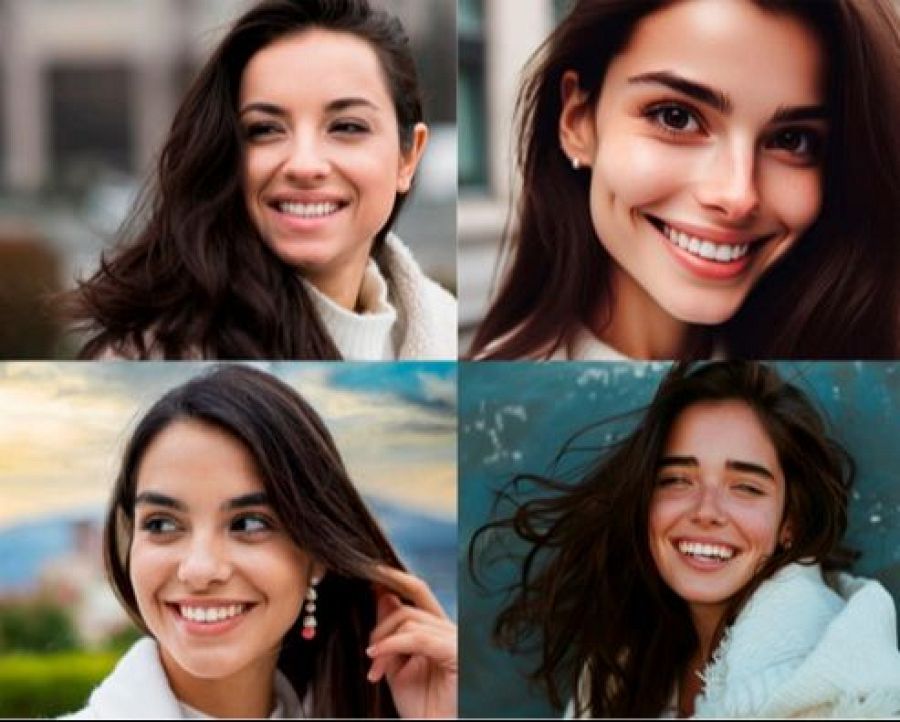 Cuatro fotos de una mujer joven sonriendo, con variaciones en su pose y atuendo, fondos exteriores desenfocados. Leyenda: 