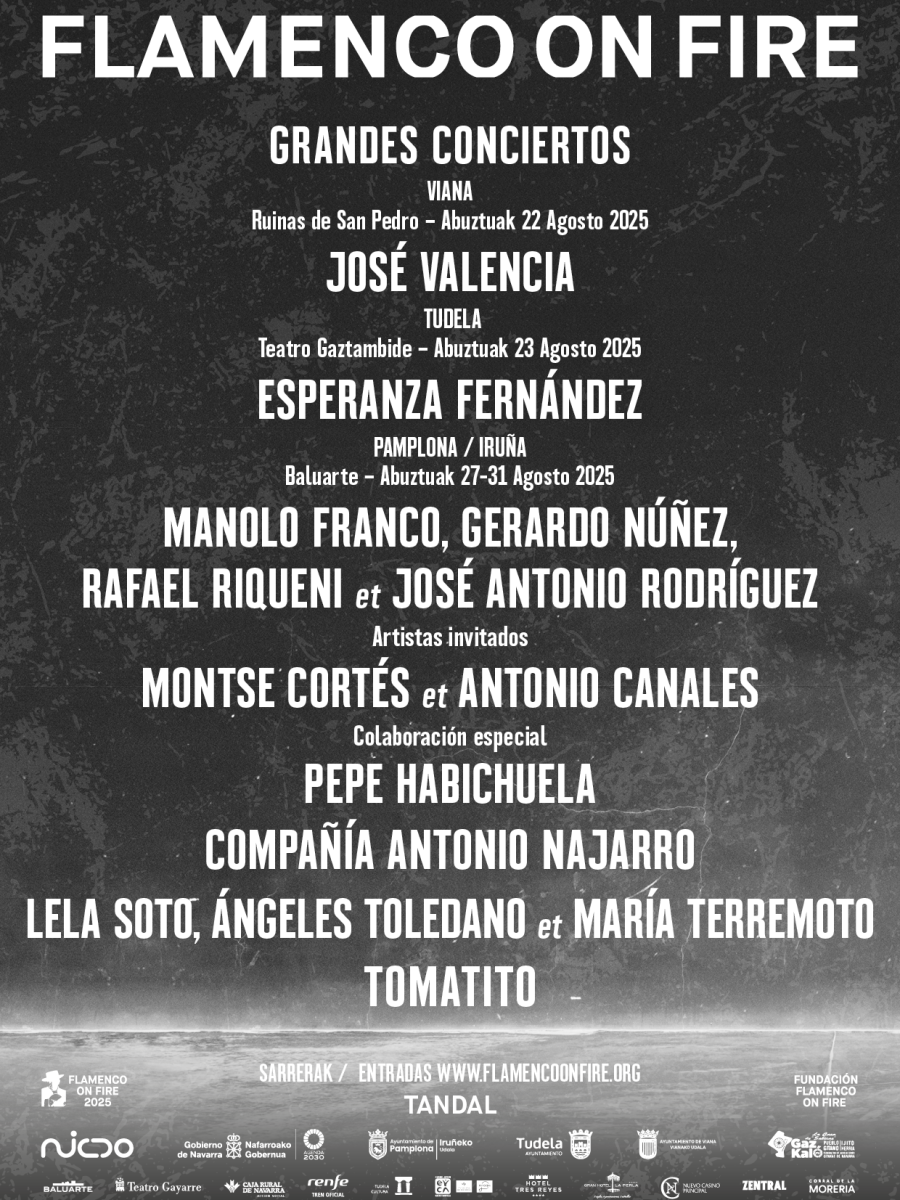 Cartel del Festival Flamenco On Fire (25ª edición), agosto 2025 en Navarra.  Varias localizaciones y artistas de flamenco.