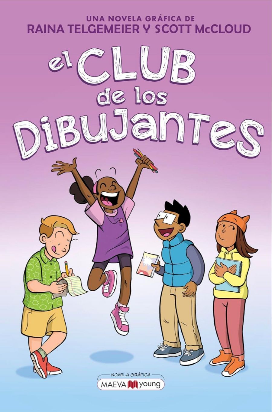 Portada de novela gráfica con cuatro niños dibujando; fondo lila; tipografía juvenil; título destacado; logo editorial.