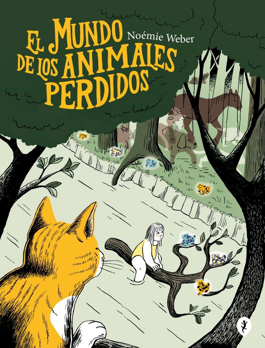Ilustración de portada: gato naranja observa niña en árbol con pequeños animales; fondo de bosque. 