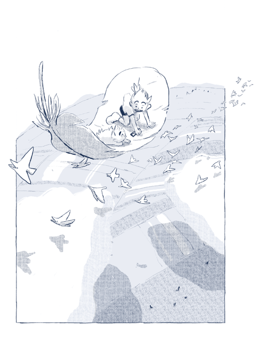 Niño sobre cisne en vuelo, visto desde arriba, con otros pájaros.  Escena aérea que sugiere aventura y libertad.