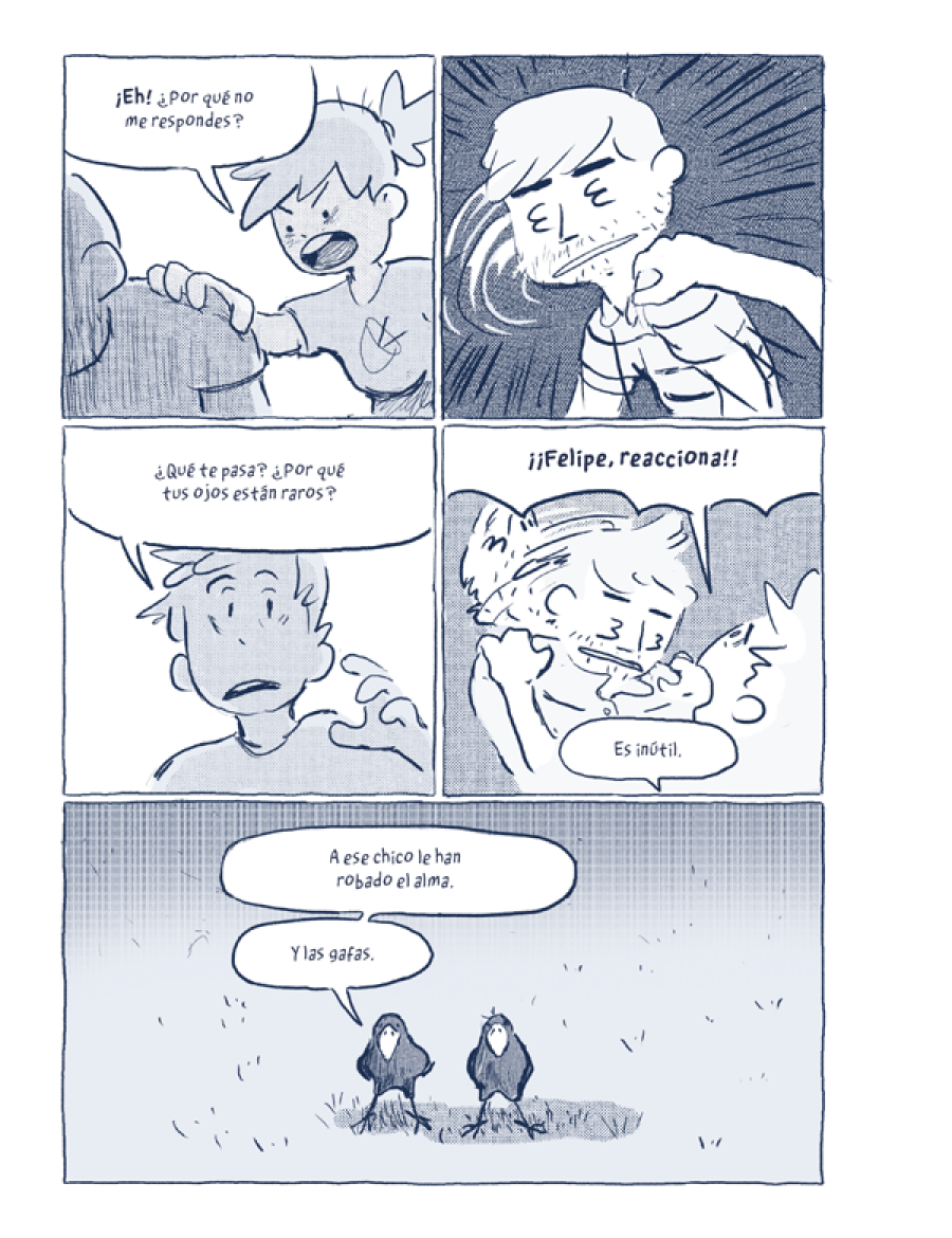 Viñetas de cómic: chica preocupada por chico con mirada perdida;  voces gritan; pájaros observan.  Texto: 