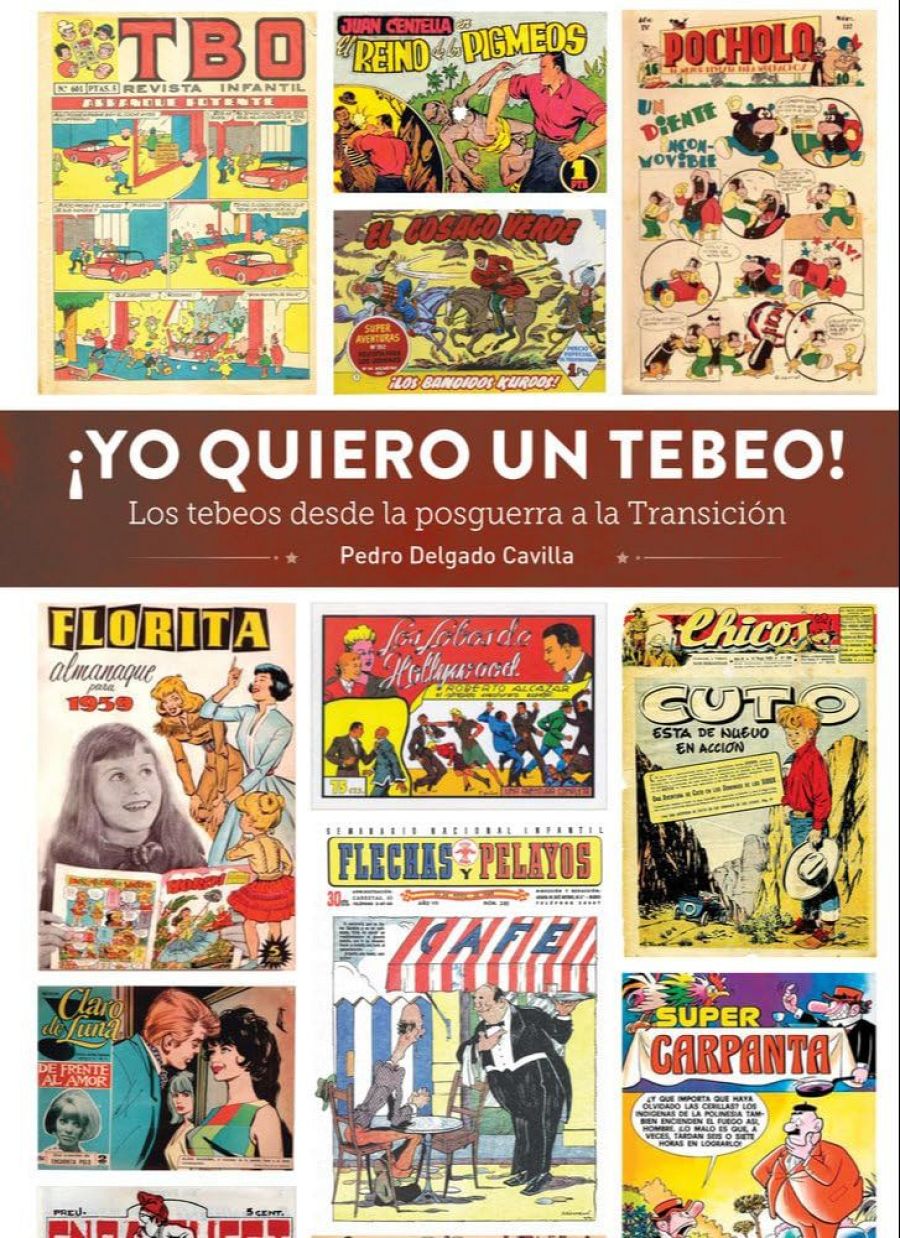 Collage de portadas de tebeos clásicos españoles, ilustrando la evolución del cómic desde la posguerra hasta la Transición. Diversidad de géneros y estilos.