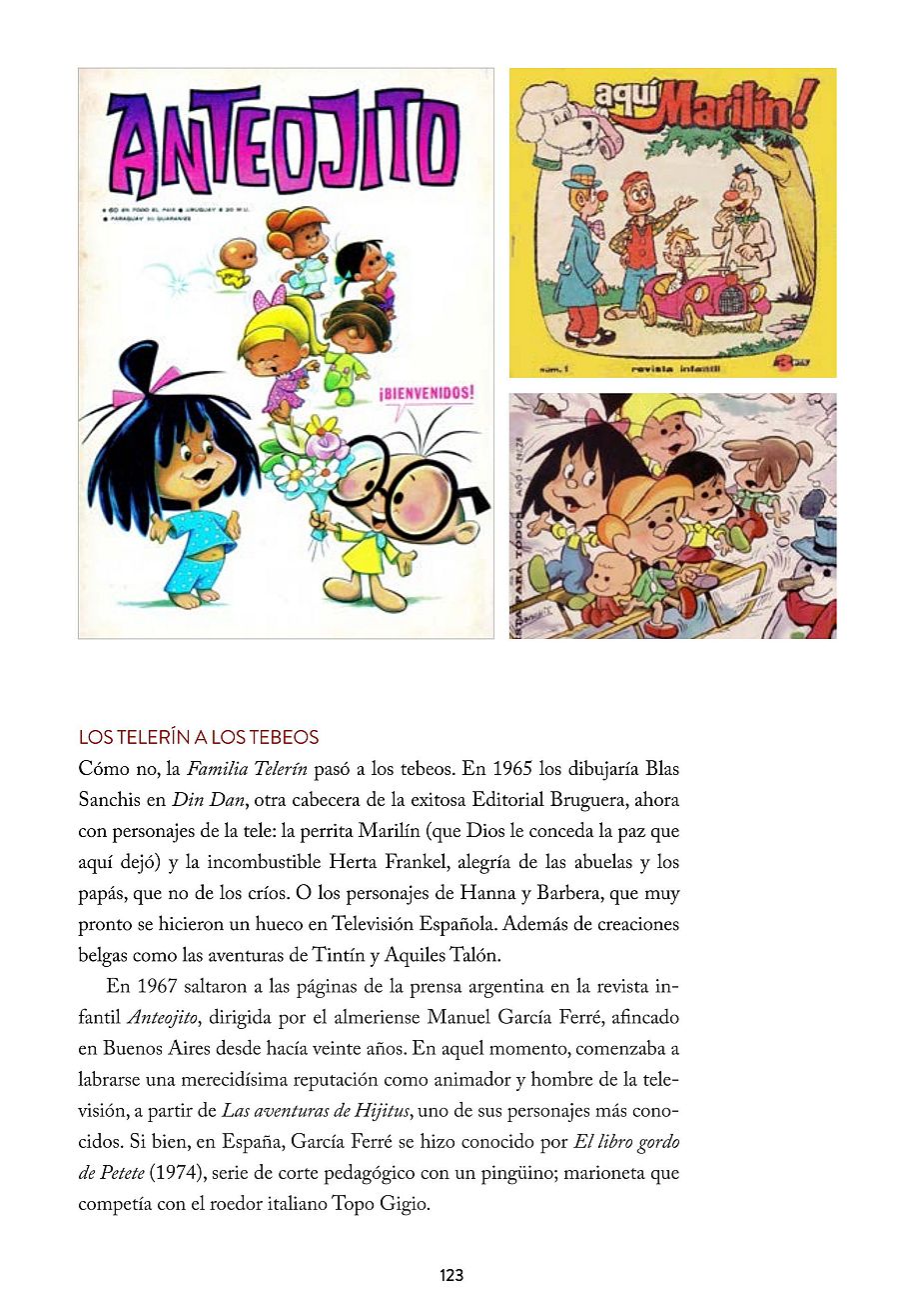 Tres viñetas de cómic con la Familia Telerín, Marilín y otros personajes, acompañadas de texto sobre su aparición en tebeos en los años 60, incluyendo revistas como *Din Dan* y *Anteojito*. 