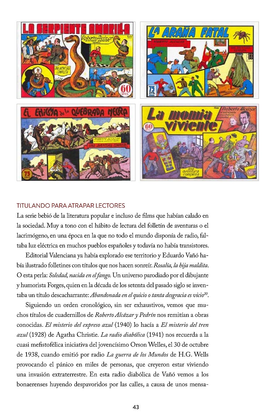 Cuatro portadas de cómics antiguos con ilustraciones y números (60 y 72), acompañadas de un texto sobre la inspiración literaria y cinematográfica de sus títulos. Se mencionan autores y obras.