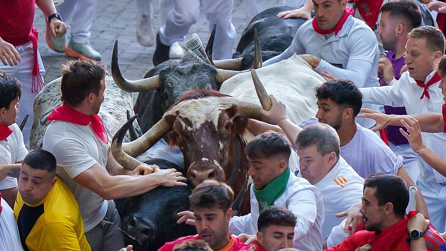 Multitud de corredores y toros en una calle estrecha durante un encierro.  Alta densidad, poco espacio libre entre corredores y animales marrones y blancos.