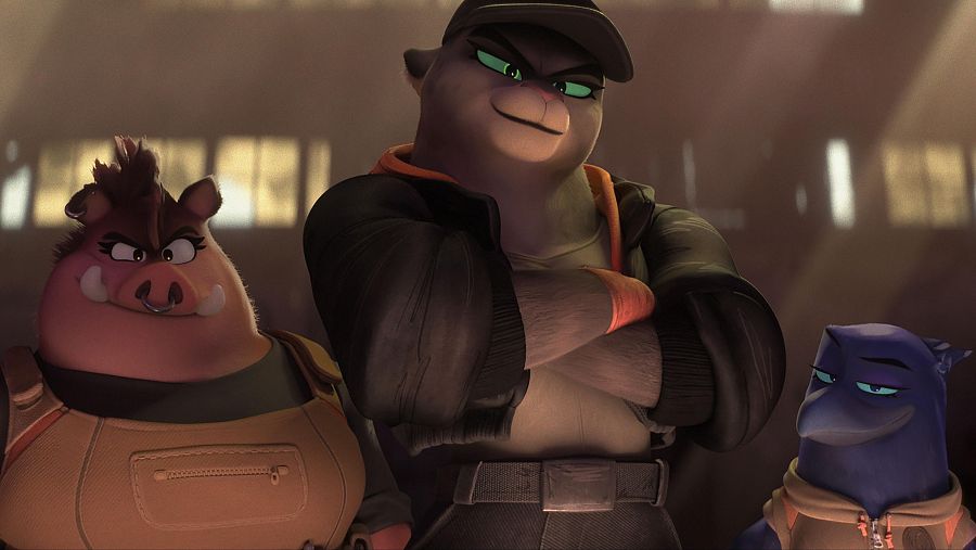 Tres personajes animados –un jabalí, un gato y un pez– con ropa, miran seriamente al frente. Fotograma de 'Los tipos malos 2'.